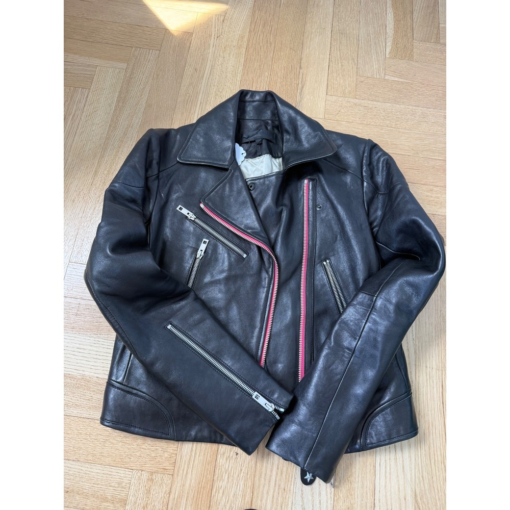 Rag & Bone Womens Black Lamb Leather Moto Jacket Pink Zip Detail Size 4